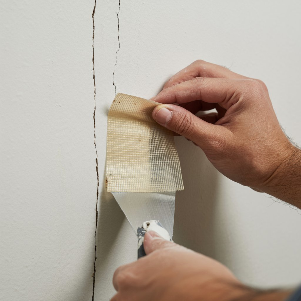 Applying tape over hairline crack, feathering compound