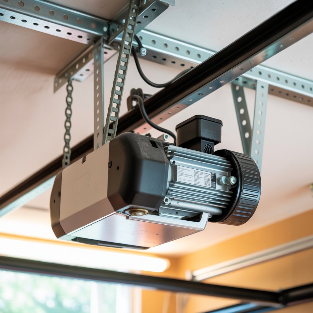 Close-up of a garage door opener showing common noise sources