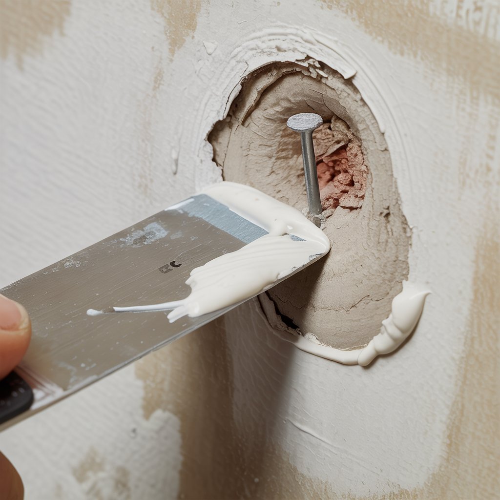 Close-up of nail pop being filled with compound