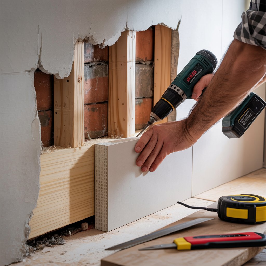 Cutting drywall to stud, installing backer, new drywall piece