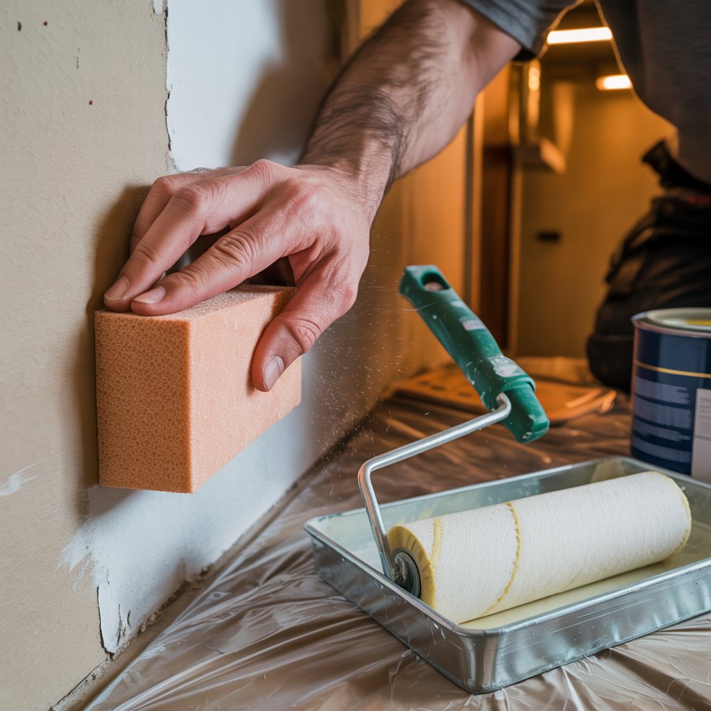 Hand sanding a repaired area with sponge, then rolling primer