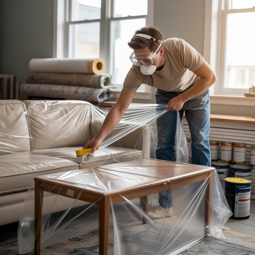 Homeowner wearing gogglesmask while covering furniture with plastic