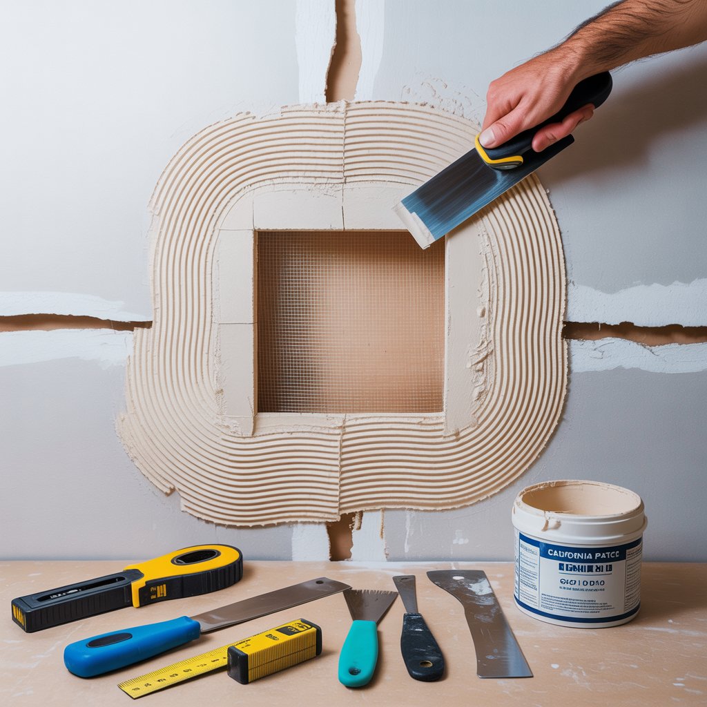 Step-by-step California patch square hole, mesh tape, compound layers