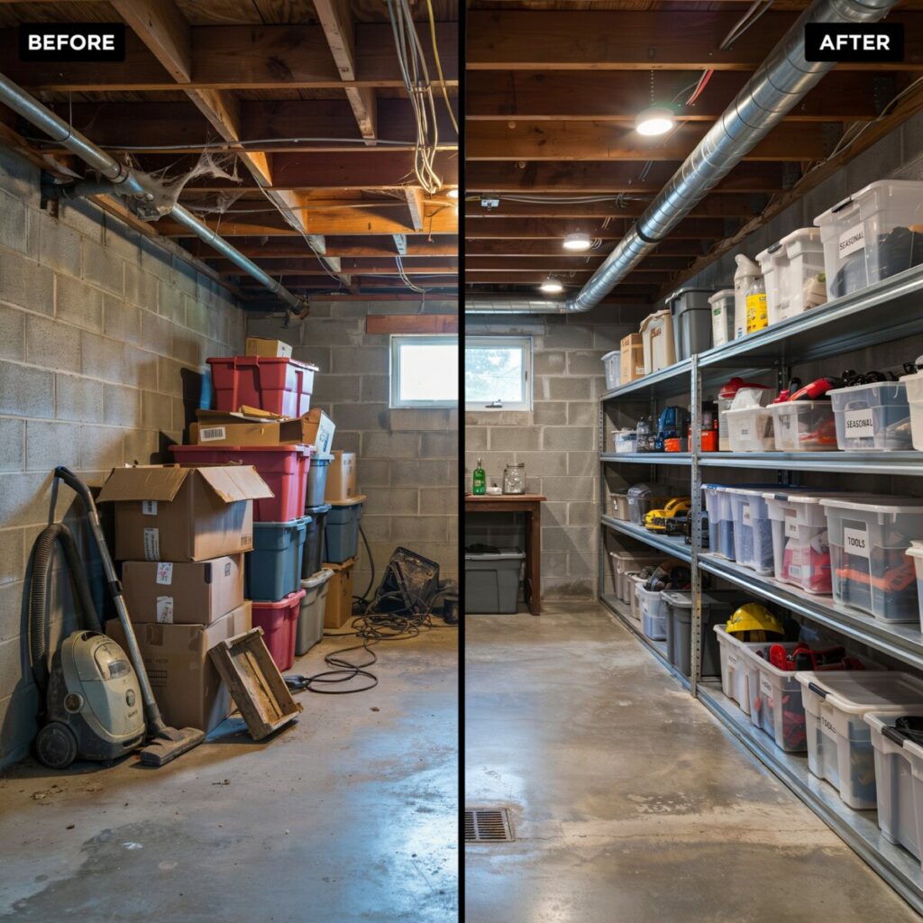 Before and after basement cleaning showing decluttered space with elevated storage and clear drainage pathways for flood prevention