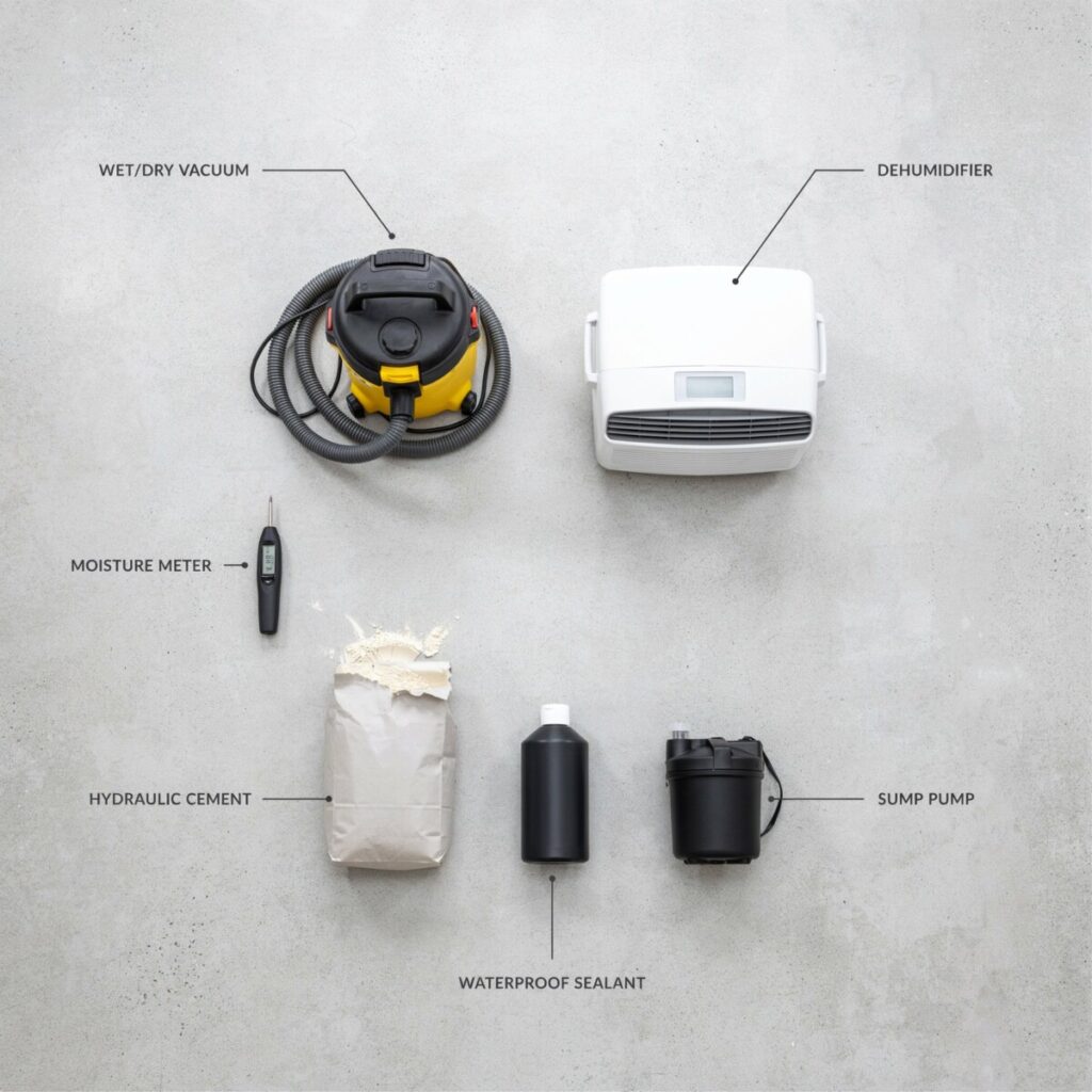 Essential tools and products for basement cleaning and flood prevention including sump pump, dehumidifier, moisture meter, and waterproof sealant